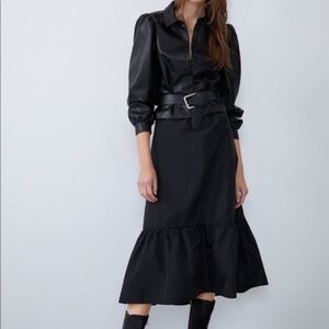 ZARA Black Taffeta Formal Ruffle Hem Midi Skirt NWT